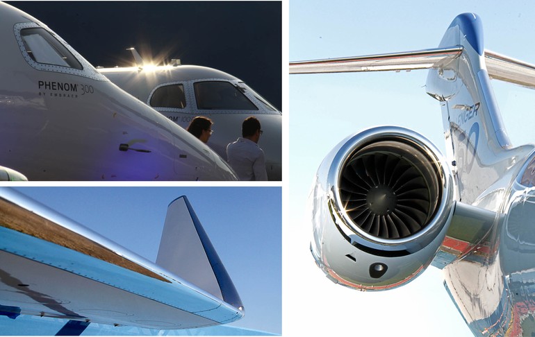 No sentido horário, família Phenom da Embraer, novo Bombarider Challenger 350 e winglet do Gulfstream  G650ER