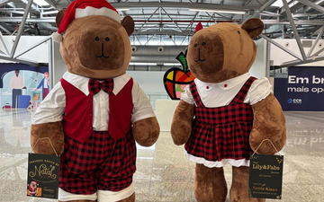 Decoração natalina exibe esculturas de capivaras vestidas de Natal - Motiva Aeroportos