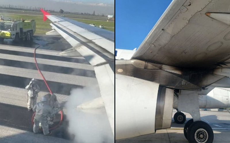 Aeronave que faria o voo LA1325 entre Santiago e Assunção teve o motor esquerdo em chamas antes da decolagem; ninguém ficou ferido - Reprodução/Redes Sociais