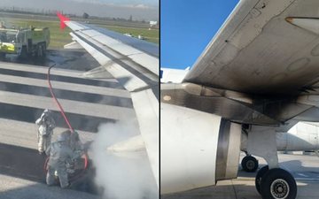 Aeronave que faria o voo LA1325 entre Santiago e Assunção teve o motor esquerdo em chamas antes da decolagem; ninguém ficou ferido - Reprodução/Redes Sociais