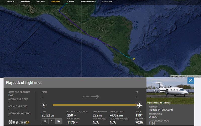 A aeronave decolou de Palenque, no México com destino à cidade de Limón, na Costa Rica - Flightradar24/Reprodução