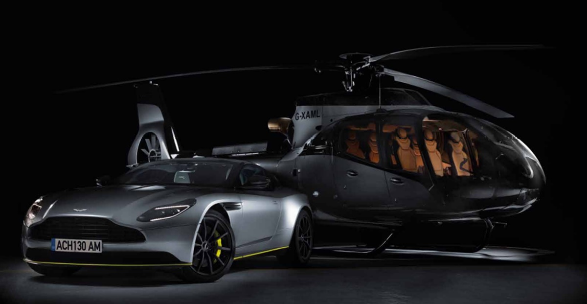 Helicóptero especial e carro da Aston Martin
